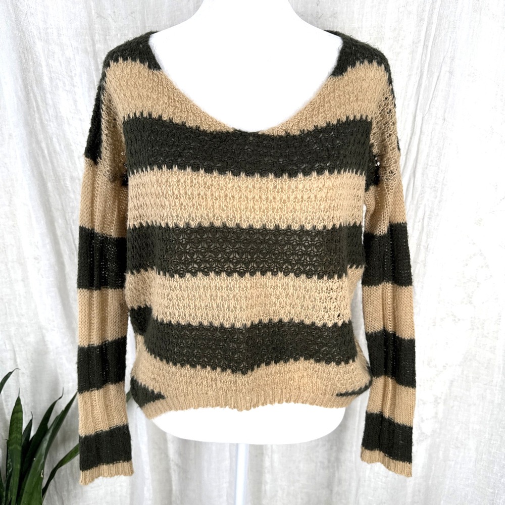 Vtg Y2K Stripe Open Knit Sweater S Indie Granola Twee 90s Grunge Mohair Layering